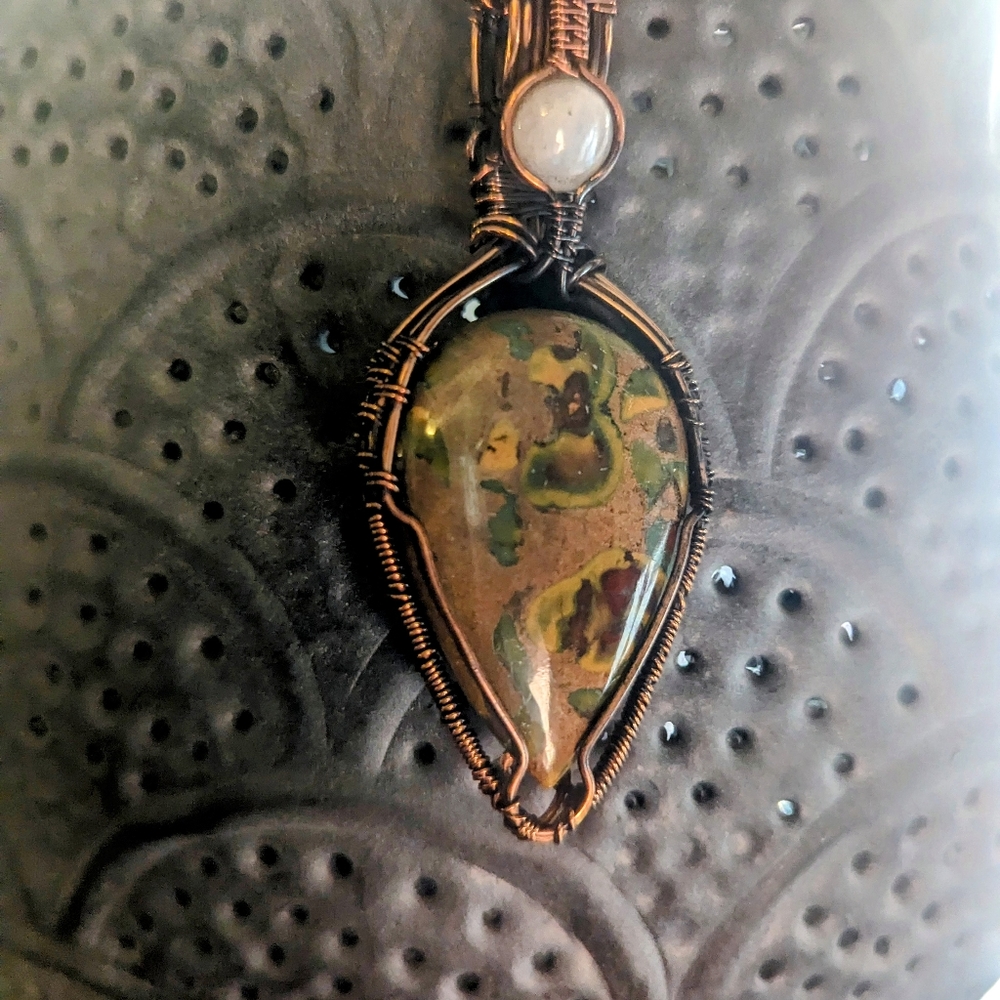 Fruit Jasper and Moonstone pendant copper wire wrapped